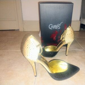 BNWBOX Carlos by Carlos Santana Gold Studded & Black Sequin Heels SZ 9.5 M